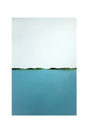 Two-tone abstract painting with a gradient from green to blue.